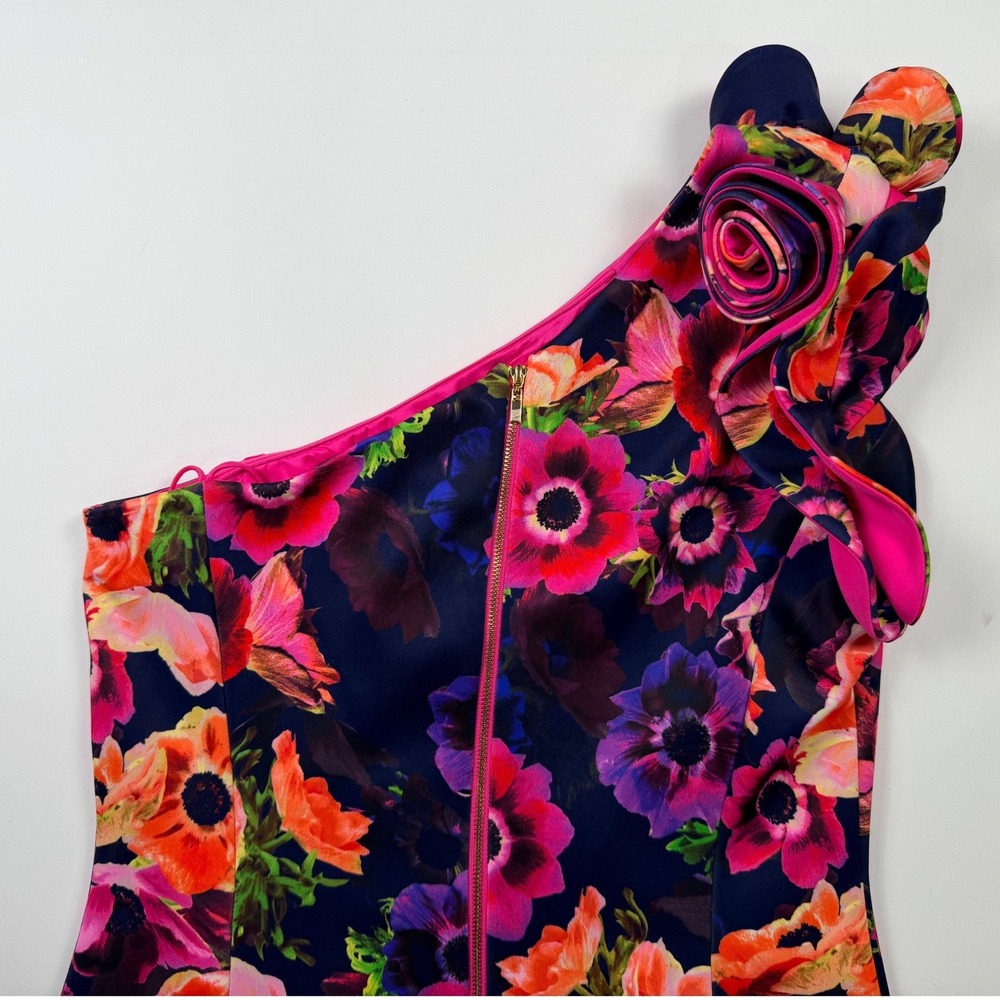 Alex Marie Navy One-Shoulder Floral Dress with Pink & Orange Blooms - Picture 4 of 12